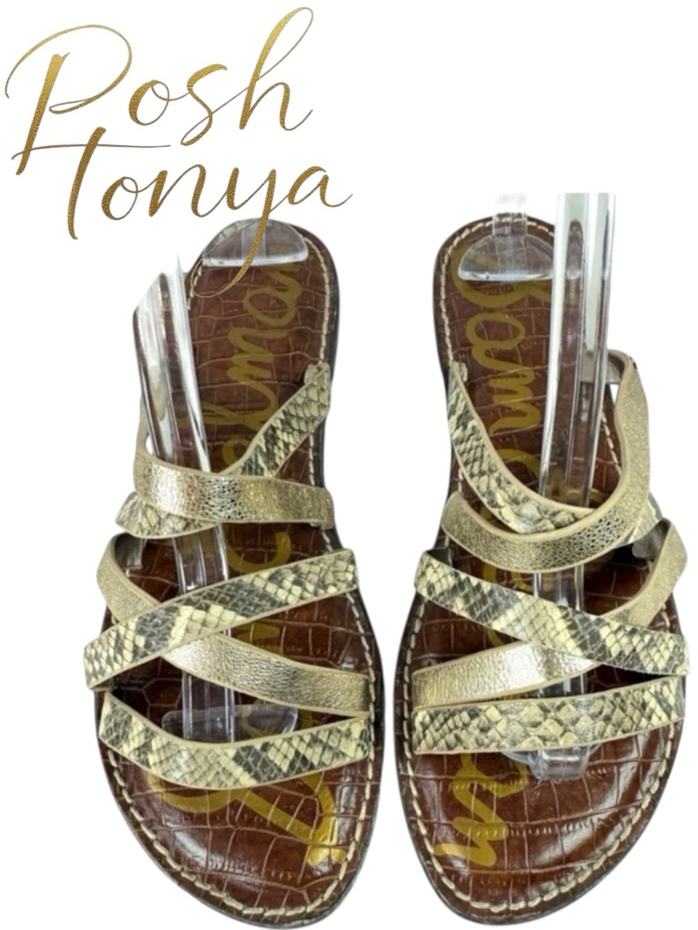 Sam Edelman Giana Strappy Leather Slide Sandals Gold Python Sz 7.5 Coastal Chic